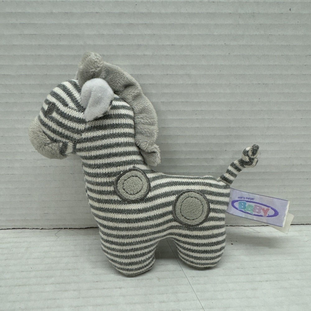 Mary Meyer Baby Zebra Knit Plush Stuffed Rattle Stripe Gray White Mini 6"